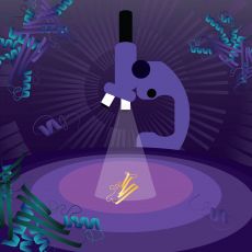 Illustration of a microscope shining a beam of light on a protein, surrounded by darkness filled with proteins