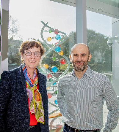 Kathy Yelick and Lenny Oliker pose smiling in front of DNA sculpture